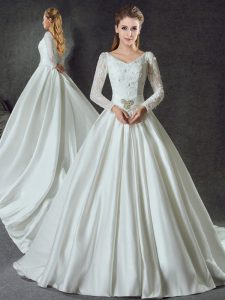 Fashion With Train Ball Gowns Long Sleeves White Wedding Dress Chapel Train Lace Up