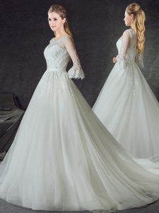 Scoop Tulle 3 4 Length Sleeve With Train Bridal Gown Court Train and Lace
