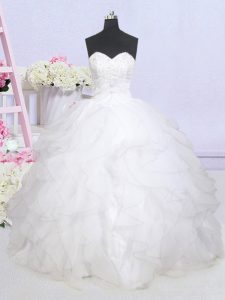 Flirting Ruffled White Sleeveless Organza Brush Train Lace Up Wedding Dress for Wedding Party