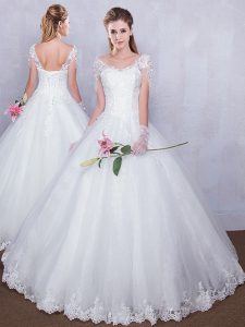 White Tulle Lace Up V-neck Short Sleeves Floor Length Wedding Gowns Lace