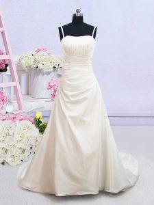 Top Selling Sleeveless Ruching Zipper Wedding Gown with White Brush Train