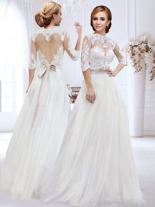 Sweetheart Shape Back Half Sleeves Side Zipper Floor Length Lace and Belt Wedding Gown