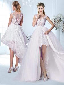 Fashionable See Through Scoop Cap Sleeves Tulle Bridal Gown Lace and Appliques Zipper