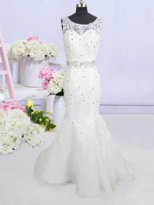 Mermaid White Organza Backless Scoop Sleeveless Bridal Gown Brush Train Beading and Lace and Appliques and Bowknot