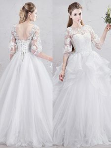 Scoop Half Sleeves With Train Lace and Ruffles Lace Up Wedding Gowns with White Brush Train