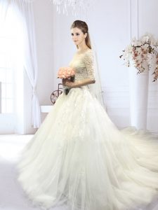 White Lace Up Off The Shoulder Lace and Appliques Bridal Gown Tulle Half Sleeves Court Train