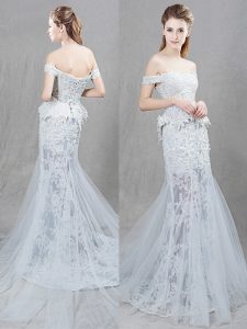 Best Mermaid Off the Shoulder White Lace Up Wedding Gowns Lace and Appliques Sleeveless With Brush Train