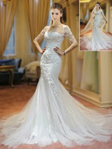 Mermaid Scoop White Half Sleeves Brush Train Appliques With Train Wedding Gowns