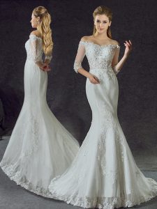 Mermaid White Lace Up Off The Shoulder Lace and Appliques Wedding Dress Tulle Half Sleeves Brush Train
