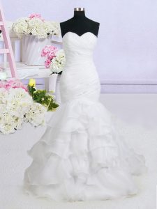 Decent White Mermaid Sweetheart Sleeveless Organza With Brush Train Lace Up Beading and Ruffled Layers Wedding Gown