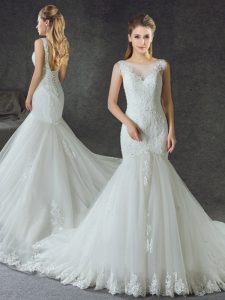 Custom Fit Mermaid Scoop White Tulle Lace Up Wedding Gown Sleeveless With Train Court Train Lace and Appliques