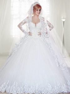 Luxury White Zipper Off The Shoulder Beading and Lace and Appliques Wedding Dresses Tulle Long Sleeves Chapel Train
