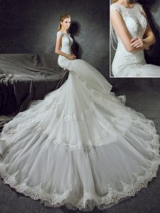 Mermaid Scoop With Train White Wedding Dresses Tulle Court Train Sleeveless Lace