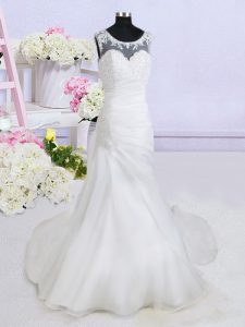 See Through White Scoop Backless Beading and Appliques Bridal Gown Brush Train Sleeveless