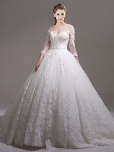 Off the Shoulder Tulle Half Sleeves Wedding Gowns Cathedral Train and Lace and Appliques