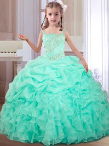 Customized Straps Beading and Ruffles and Pick Ups Toddler Flower Girl Dress Apple Green Lace Up Sleeveless Floor Length