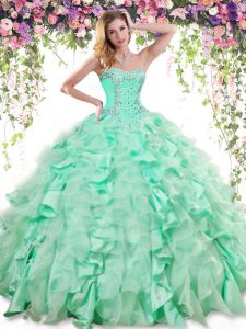 Apple Green Ball Gowns Beading and Ruffles Quinceanera Dresses Lace Up Organza and Taffeta Sleeveless Floor Length
