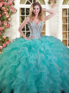 Aqua Blue Ball Gowns Beading and Ruffles Sweet 16 Dresses Lace Up Organza Sleeveless Floor Length