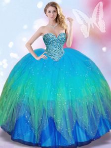 Pretty Sweetheart Sleeveless Tulle 15th Birthday Dress Beading Lace Up
