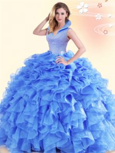 Delicate Beading and Ruffles 15 Quinceanera Dress Blue Backless Sleeveless Floor Length