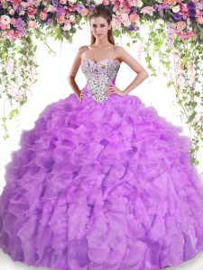 Lilac Organza Lace Up Sweetheart Sleeveless Floor Length Quinceanera Dresses Beading and Ruffles