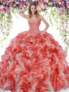 Beading and Ruffles Sweet 16 Dresses White And Red Lace Up Sleeveless Floor Length