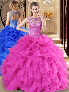 Hot Pink Organza Lace Up Scoop Sleeveless Floor Length Quinceanera Gown Beading and Ruffles