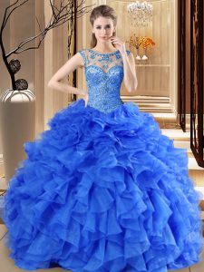 Floor Length Royal Blue Sweet 16 Dresses Scoop Sleeveless Lace Up