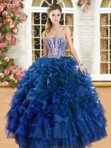 Suitable Sweetheart Sleeveless 15th Birthday Dress Floor Length Beading and Ruffles and Ruffled Layers Royal Blue Organz