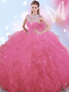 High End Rose Pink High-neck Zipper Beading Vestidos de Quinceanera Sleeveless