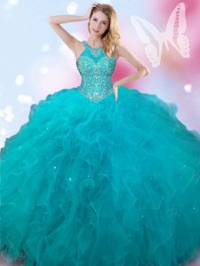 Beautiful Halter Top Teal Ball Gowns Beading Quinceanera Gowns Lace Up Tulle Sleeveless Floor Length