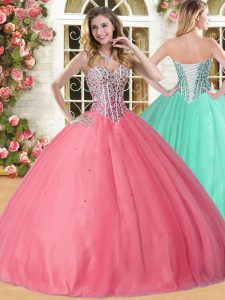 High End Floor Length Coral Red Quinceanera Dresses Tulle Sleeveless Beading