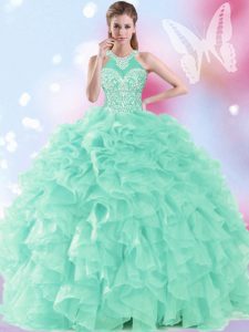 Elegant Halter Top Apple Green Sleeveless Floor Length Beading and Ruffles Lace Up Sweet 16 Dresses
