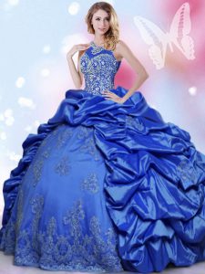 Halter Top Blue Ball Gowns Beading and Lace and Appliques and Pick Ups Vestidos de Quinceanera Lace Up Taffeta Sleeveles