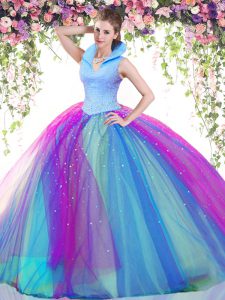 Exceptional Sleeveless Tulle Floor Length Backless 15th Birthday Dress in Multi-color with Beading