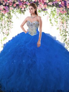Floor Length Royal Blue Quinceanera Gowns Tulle Sleeveless Beading