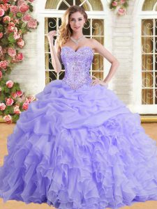 Inexpensive Sleeveless Floor Length Beading and Appliques and Ruffles Lace Up 15th Birthday Dress with Lavender