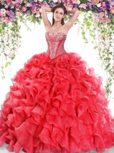 Custom Made Red Organza Lace Up Sweetheart Sleeveless Quinceanera Dress Sweep Train Beading and Ruffles