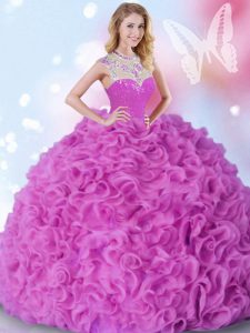 Elegant High-neck Sleeveless Sweet 16 Dresses Floor Length Beading and Ruffles Fuchsia Organza