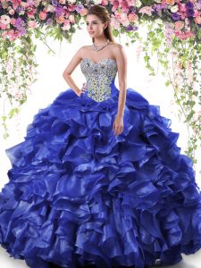 Affordable Ball Gowns Vestidos de Quinceanera Royal Blue Sweetheart Organza Sleeveless Floor Length Lace Up