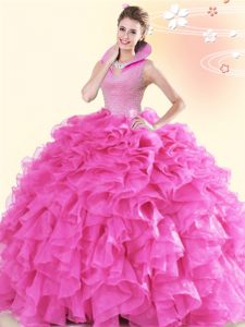 Smart Backless Hot Pink Sleeveless Beading and Ruffles Floor Length Sweet 16 Dress