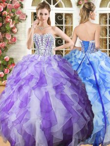 Admirable White and Purple Sleeveless Organza Lace Up 15 Quinceanera Dress for Military Ball and Sweet 16 and Quinceaner