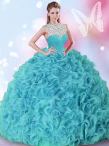 Dazzling Aqua Blue Organza Zipper High-neck Sleeveless Floor Length Ball Gown Prom Dress Beading and Ruffles