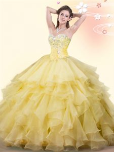 Most Popular Yellow Sleeveless Beading and Ruffles Floor Length Quince Ball Gowns