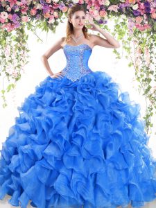 Delicate Blue Ball Gowns Organza Sweetheart Sleeveless Beading and Ruffles Lace Up Sweet 16 Dresses Sweep Train