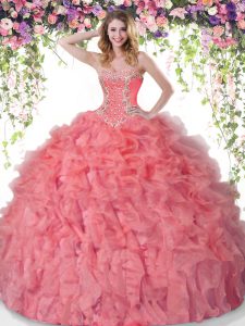 Comfortable Floor Length Ball Gowns Sleeveless Coral Red Sweet 16 Dress Lace Up