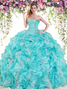 Low Price Blue And White Ball Gowns Organza Sweetheart Sleeveless Beading and Ruffles Floor Length Lace Up Quinceanera D