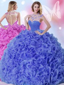 Designer Blue Ball Gowns Organza High-neck Sleeveless Beading and Ruffles Floor Length Zipper Quinceanera Gowns