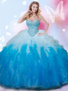 Fashionable Sleeveless Tulle Floor Length Lace Up Quince Ball Gowns in Blue And White with Beading and Ruffles
