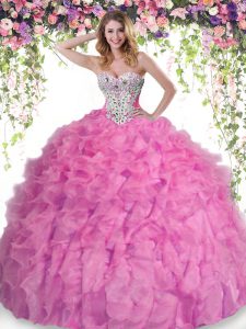 Best Selling Organza Sweetheart Sleeveless Lace Up Beading and Ruffles Sweet 16 Dresses in Rose Pink